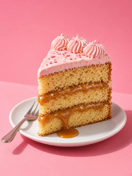 Rebanada de pastel con capas de pan, relleno de cajeta y betún rosa, imagen ilustrativa